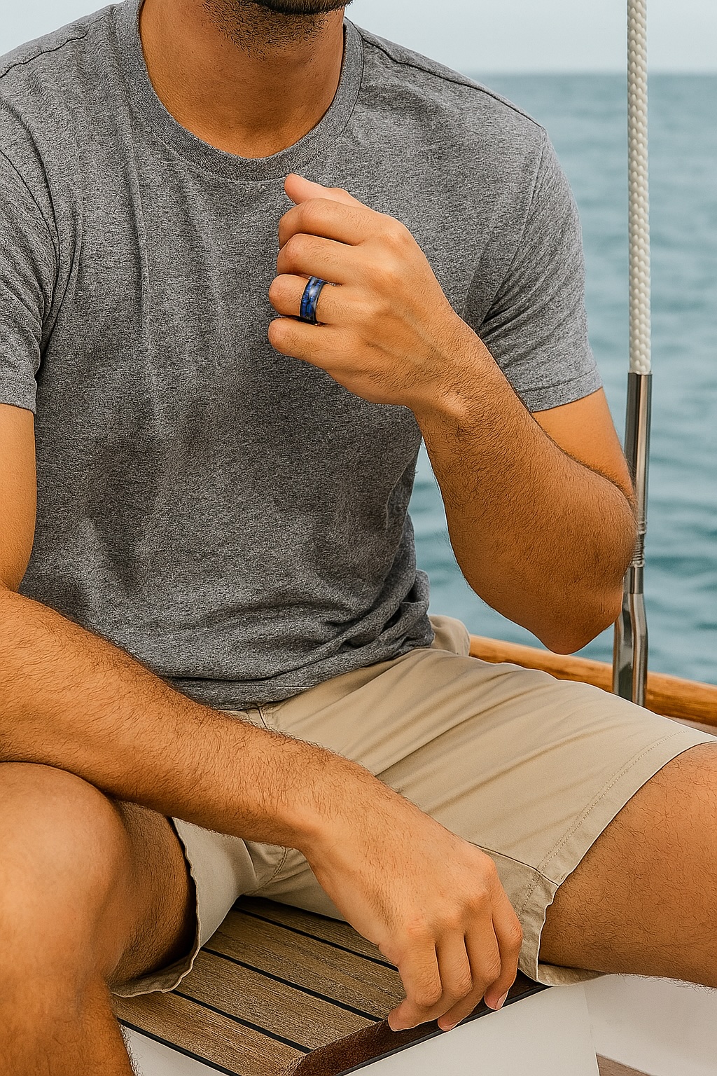 Black tungsten wedding ring with blue lines and wood inlay